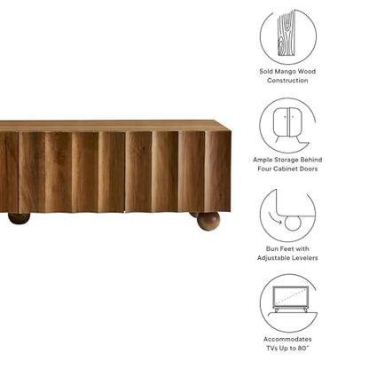 Sorren 71 Inch Scalloped TV Stand in Walnut – 4 Door Media Console Cabinet –, view 5