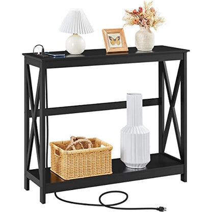 Yaheetech 40" Console Table with Power Outlets and USB Ports, Wood Entryway Table with Charging Station & Storage Shelf, Narrow 2-Tier Sofa Table for Living Room Hallway Foyer, Black