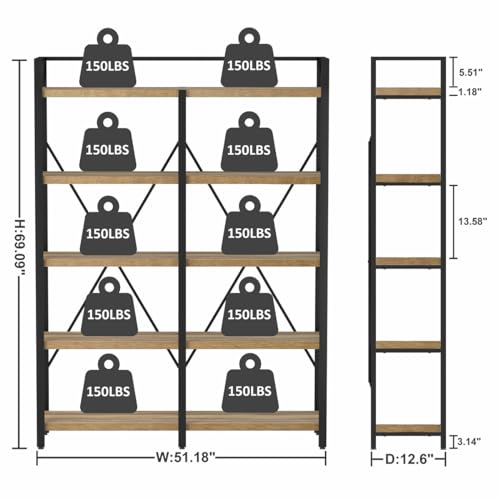 Bookshelf, 5 Tier Industrial, Tall Etagere Bookcase, Rustic Wood and Metal Book Shelf with Large Open Shelving Unit for Home Office Living Room (Rustic Oak, 51 Inch Wide)