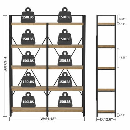 Bookshelf, 5 Tier Industrial, Tall Etagere Bookcase, Rustic Wood and Metal Book Shelf with Large Open Shelving Unit for Home Office Living Room (Rustic Oak, 51 Inch Wide)