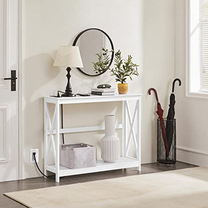 Yaheetech 40" Console Table with 2 Outlet and 2 USB Ports, Wooden Entryway Table with X-Shaped Design, Narrow Sofa Table for Living Room and Hallway,White