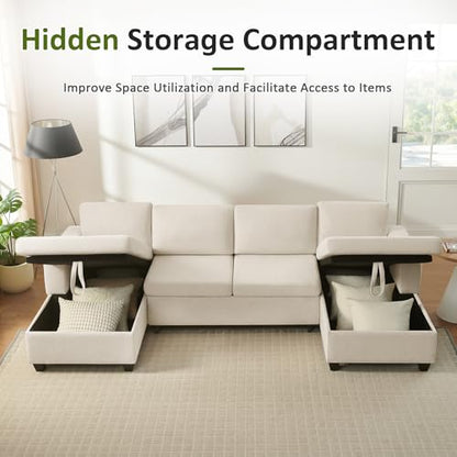 U Shaped Sectional Sleeper Sofa with Pull Out Bed, 113" Modular Sectional Sofa with Storage Chenille Couches for Living Room, Apartment, Office, Beige