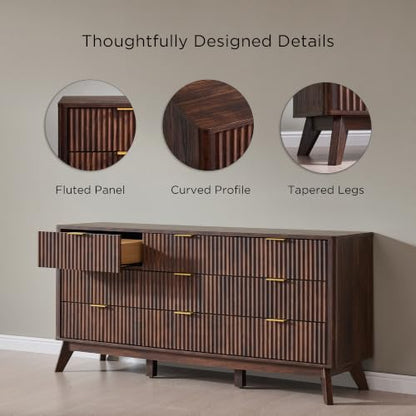63" Wide Fluted 9 Drawer Dresser for Bedroom, Dark Walnut, view 6