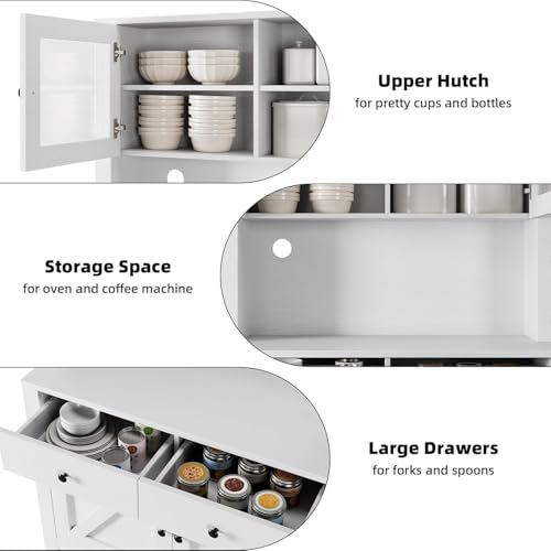 Kitchen Pantry Cabinet with Microwave Stand, Freestanding Hutch Cabinet with Buffet Cupboard, Tall Kitchen Cabinets with Adjustable Shelves for Dining Room, White