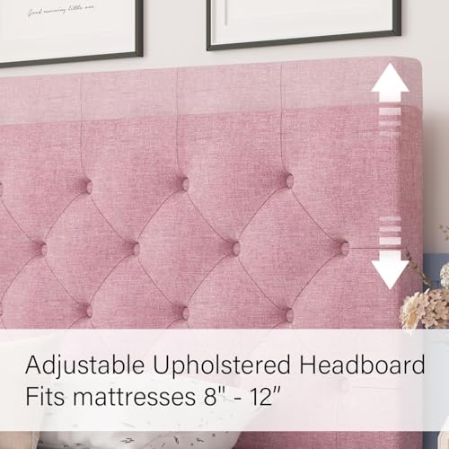 King Size Bed Frame, Linen Fabric Upholstered Bed Frame King Size with Headboard, Wood Slats Support, Button Tufted Design, No Box Spring Needed, Pink