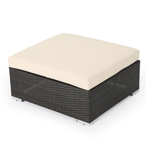 Outdoor Wicker Ottoman with Cushion for Stylish Patio Furniture, Versatile Garden Footrest or Extra Seating, Comfortable and Durable, Beige
