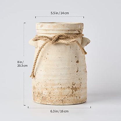 Ceramic Decorative Flower Vase, 8 Inch Rustic Distressed Pottery Decorative Flower Vase for Home Decor, Ideal Shelf, Bookshelf, Mantle, Entryway, Living Room, Table Decor