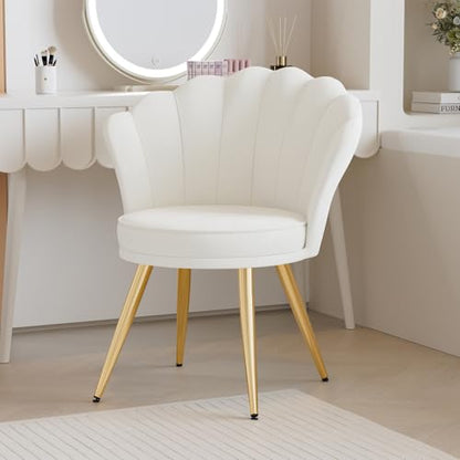 Velvet Accent Chair with Gold Metal Legs, Vanity Chair for Makeup Room, Upholstered Guest Chair for Living Room, for Bedroom, White