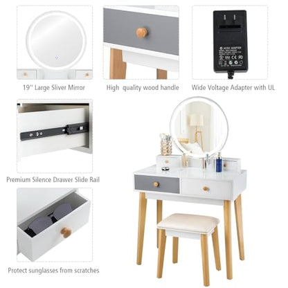 Vanity Set with Lighted Mirror, 3 Color Touch Screen Dimming Mirror, Adjustable Brightness, Bedroom Makeup Dressing Table with 4 Drawers and Cushioned Stool for Girls Women, White & Gray