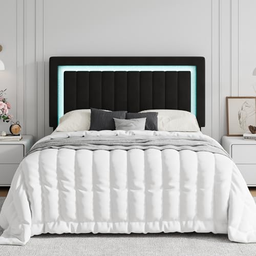 Queen Size Velvet Bed Frame with LED Light, Black, view 4