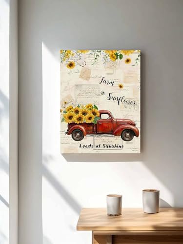 NuYeBiofx Farmhouse Red Truck Sunflower Canvas Wall Art Prints,30"x20" Framed Picture Artwork Blossom Floral on Retro Letter Printed Canvas Oil Painting for Living Room Bedroom Office,Ready to Hang