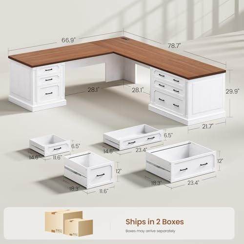 Farmhouse 78.8" L Shaped Desk with 6 Drawers, Home Office Desk with Power Outlet, view 3