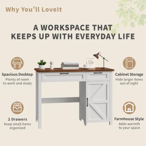 Farmhouse 43.3" Computer Desk with Storage Drawers for Home Office, White, view 8