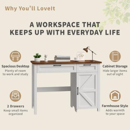 Farmhouse 43.3" Computer Desk with Storage Drawers for Home Office, White, view 8