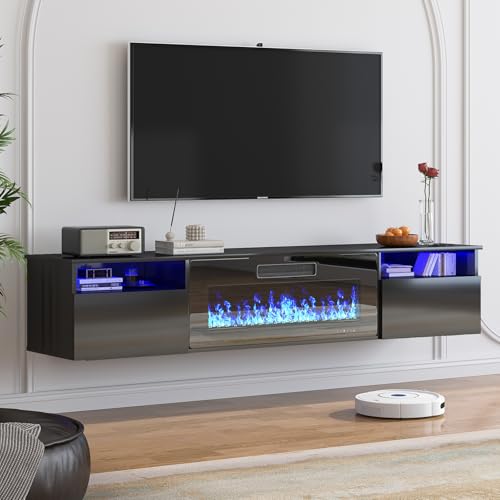 70" Floating TV Stand with 36" Electric Fireplace Heater, Black, view 2
