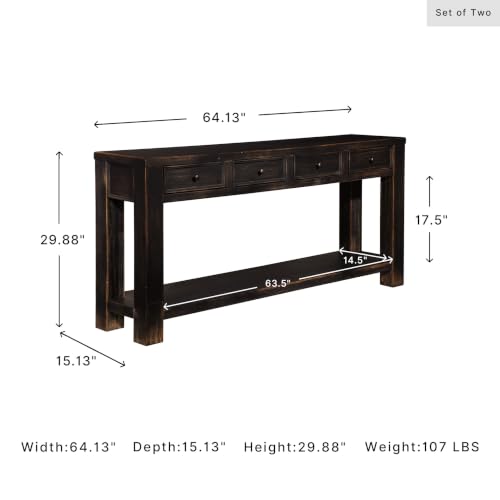 Signature Design by Ashley Gavelston Sofa Table, 64 Inch Console Table with 4 Drawers, Mixed Wood Construction, Behind Couch Storage for Living Room, Weathered Black