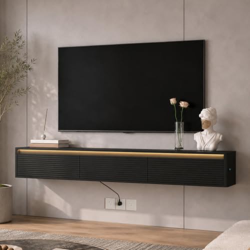 69" Fluted Floating TV Stand Wall Mounted with LED & Power Outlets Black, view 2