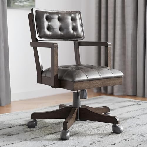 Signature Design by Ashley Breckington Contemporary Faux Leather Tufted Home Office Desk Chair with Adjustable Height and Casters, Solid Wood, 28.75" W x 28.75" D x 38" H, Dark Brown
