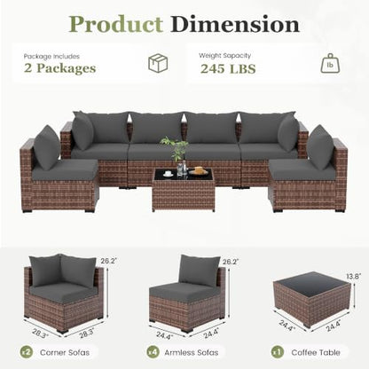 7 Piece Patio Furniture Set, Outdoor Sectional, Grey | Modular Wicker Outdoor Furniture, Coffee Table Included, for Porch, Garden, Backyard