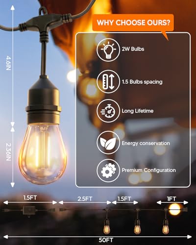 50FT S14 Outdoor String Lights, 32+2 Shatterproof Bulbs 2W, view 7