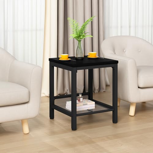 Coffee Table Set of 3, Industrial Coffee Table with 2 Square End Side Tables, Modern Living Room Table Set, with Metal Frame, for Apartment Home Office, Black