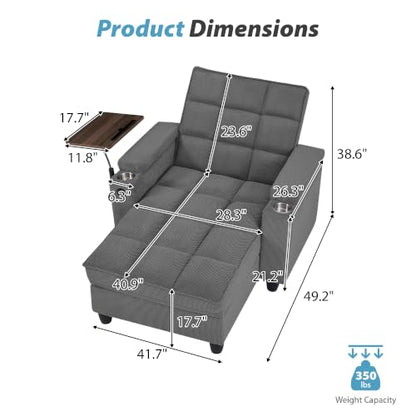 Convertible Chaise Lounge Sleeper Chair with Storage and 6-Position Reclining, view 3