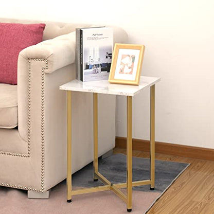 Square End Table, Small Narrow Side Table, Modern Accent White Nightstand with Metal Frame for Living Room, Bedroom, Corners, Bathroom and Office