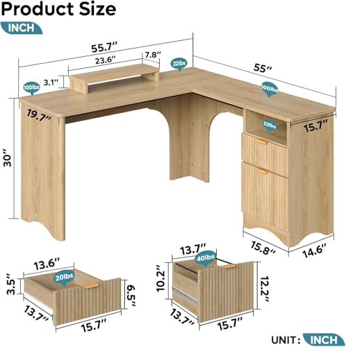 55" L Shaped Desk with Monitor Stand & File Drawer, Natural Oak, view 3