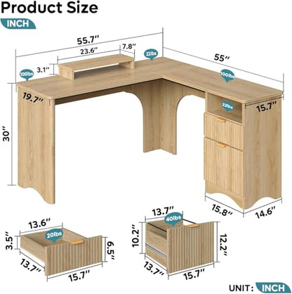 55" L Shaped Desk with Monitor Stand & File Drawer, Natural Oak, view 3