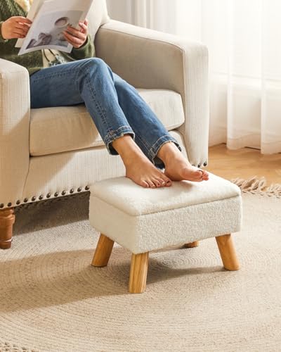 Storage Ottoman, Small Foot Stool Ottoman with Storage, White HBD042W | Teddy Velvet, Sturdy Wood Legs, For Living Room Bedroom Couch Entryway