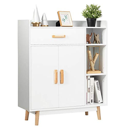 Floor Storage Cabinet, Freestanding Cupboard with 1 Drawer, 2 Doors, 3 Shelves, 4 Rubber Wood Legs, Sideboard, Entryway Unit for Home Office, Living Room, Storage Organizer (White)