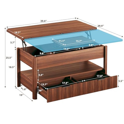 40" Lift Top Coffee Table, 4 in 1 Square Coffee Table with Storage Shelf & 2 Drawers, Modern Coffee Tables with Lift Tabletop, Converts to Dining Table for Living Room, Home Office, Walnut