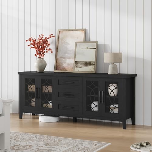 Farmhouse TV Stand with Glass Door for 65-70 Inch TV, Entertainment Center, view 2