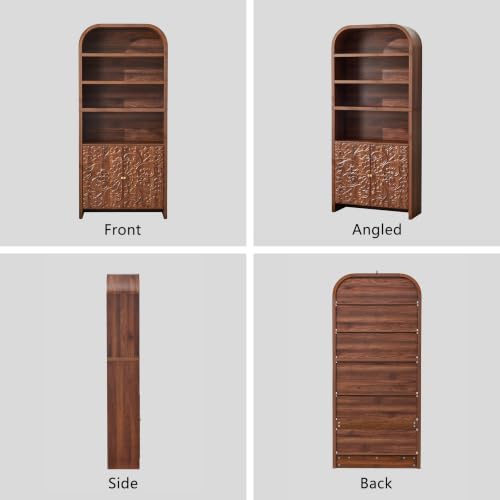 70" Tall Arched Bookcase, 6-Tier Bookshelf with Floral Storage (Walnut), view 7