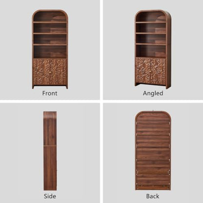 70" Tall Arched Bookcase, 6-Tier Bookshelf with Floral Storage (Walnut), view 7