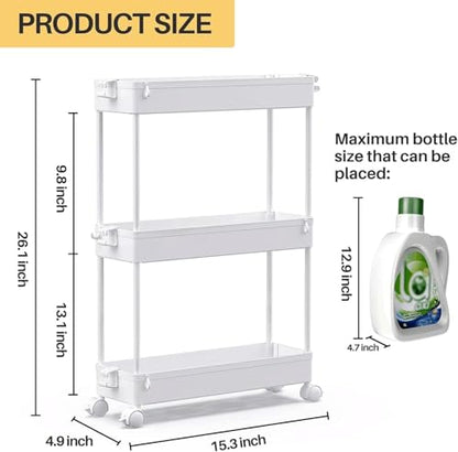Slim Rolling Storage Cart, 3 Tier Bathroom Cart Organizer,White, view 3