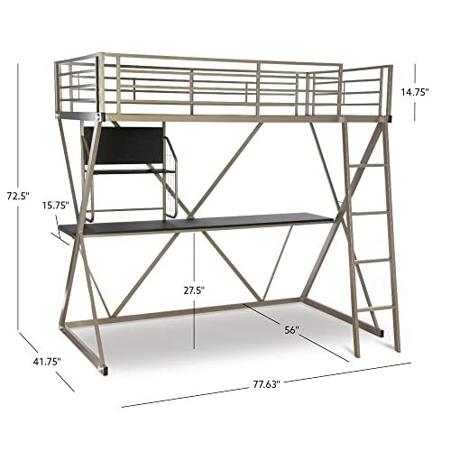 Powell Furniture Z-Bedroom Metal Pewter Powder Coated Twin Size Loft Study Bunk Bed with Computer Desk