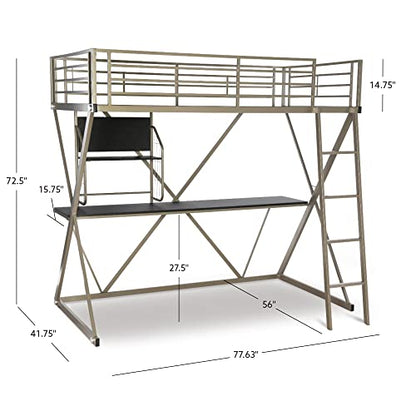 Powell Furniture Z-Bedroom Metal Pewter Powder Coated Twin Size Loft Study Bunk Bed with Computer Desk