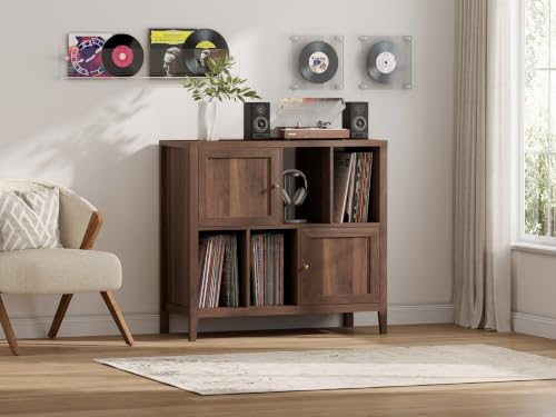 Record Player Stands Set of 2, Modern Vinyl Media Cabinet, Brown, view 4