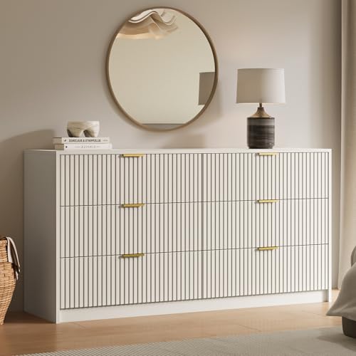 55" Wide Fluted 6-Drawer Double Dresser for Bedroom, Beige, view 4