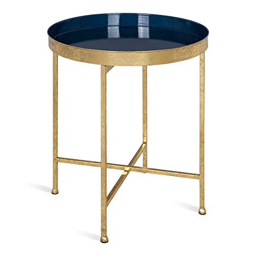 Celia Metal Foldable Round Accent Table, 18.25" x 18.25" x 22", Navy Surface and Gold Frame, Modern Minimalist Design and Detachable Magnetic Tabletop