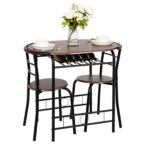 3 Piece Dining Set,Small Kitchen Table Set for 2,Breakfast Table Set for 2,Kitchen Wooden Table and 2 Chairs for Small Space/Dining Room/Apartment,Metal Frame,Wine Rack,Black&Walnut