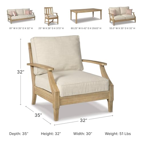 Signature Design by Ashley Clare View Outdoor Lounge Chair, Eucalyptus Wood Frame, 5-Step Protective Finish, Nuvella Fabric Cushions for Patio Seating, 30" W x 35" D x 32" H, Beige