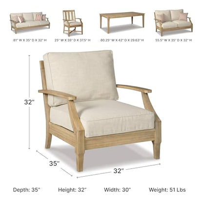 Signature Design by Ashley Clare View Outdoor Lounge Chair, Eucalyptus Wood Frame, 5-Step Protective Finish, Nuvella Fabric Cushions for Patio Seating, 30" W x 35" D x 32" H, Beige