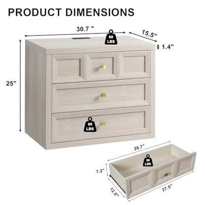 3 Piece Bedroom Set - Includes 6 Drawer Dresser and 3 Drawer King Size Nightstands Set of 2 with Charging Station, 3 Piece Farmhouse Dresser and Nightstand Sets,Grey White
