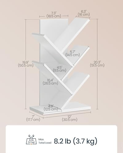 5 Tier Tree Bookshelf, Bookcase, Small Corner Shelf, Space Saving Book Tree for Home Office, Bedroom, Living Room, White