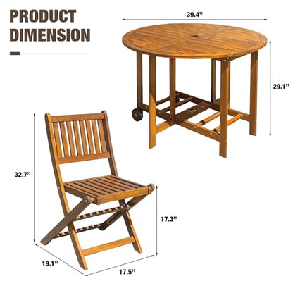 5 PCS Patio Furniture, Patio Dining Set Acacia Wood Outdoor Table and Chairs, with 4 Folding Chairs and 37" Round Movable Table, Outdoor Dining Set for Lawn, Balcony, Garden (Light Brown)