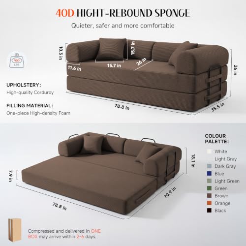 79'' Convertible Sofa Bed, Boneless Couch-in-a-Box, Corduroy Floor Futon Loveseat Sleeper, 26'' Deep Seat, Removable Machine-Wash Covers, No Assembly, 2 Pillows, Brown