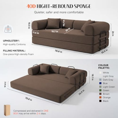 79'' Convertible Sofa Bed, Boneless Couch-in-a-Box, Corduroy Floor Futon Loveseat Sleeper, 26'' Deep Seat, Removable Machine-Wash Covers, No Assembly, 2 Pillows, Brown