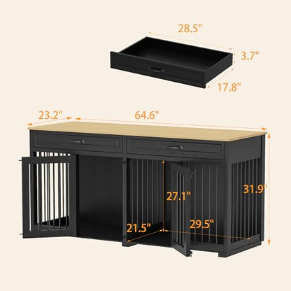 64.6" Long Wooden Furniture Style Dog Crate with Drawers & Divider, view 6